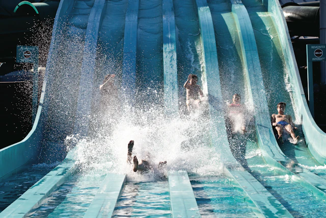 People sliding down blue water slides with splashes and a lot of water spraying around them.